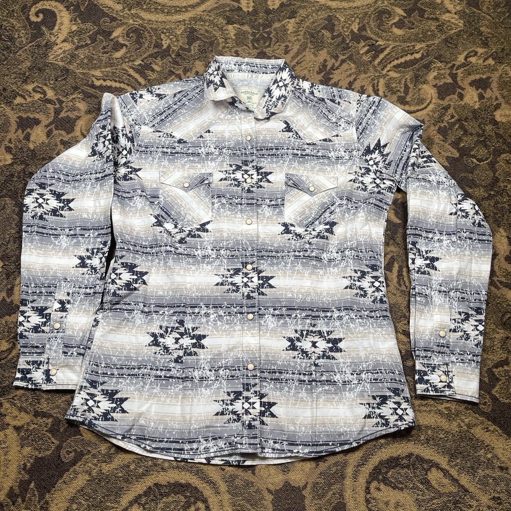 Panhandle Slim Southwestern Stripe Button-Down Shirt in Blue, White, Tan